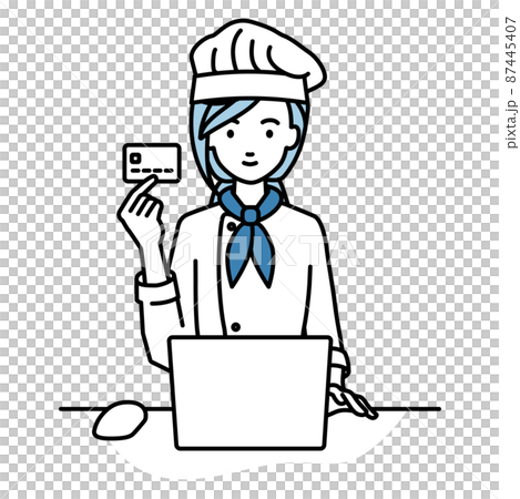 A cook woman sitting at a desk and using a PC while holding a credit card A cook woman sitting at a desk and using a PC while holding a credit card 87445407