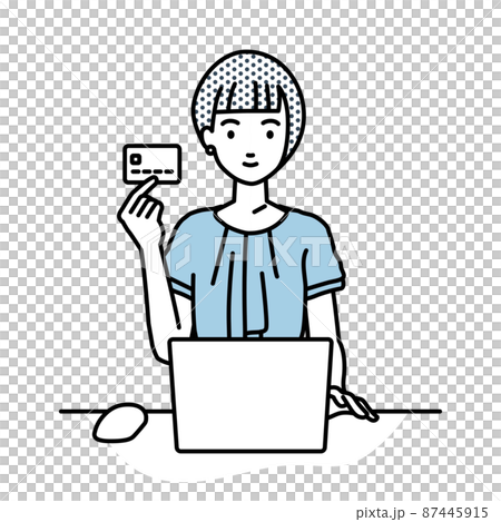 デスクで座ってPCを使いながらクレジットカードを手に持っているオフィスカジュアルの女性 デスクで座ってPCを使いながらクレジットカードを手に持っているオフィスカジュアルの女性 87445915