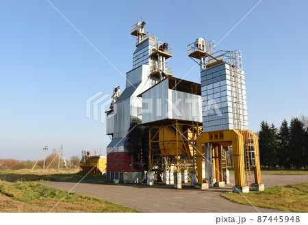 Grain processing plant. Processing and sifting corn and grain after harvesting. Grain processing plant. Processing and sifting corn and grain after harvesting. 87445948