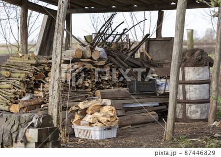 Firewood stacked in a pile on a farm 87446829