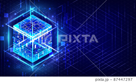 HUD energy box. Smart code. Big data. Digital chip. Glare grid lines. Glow 3D cubes. CPU core. Abstract grid background. Computer engineer. Blockchain network. Technology isometric 87447297