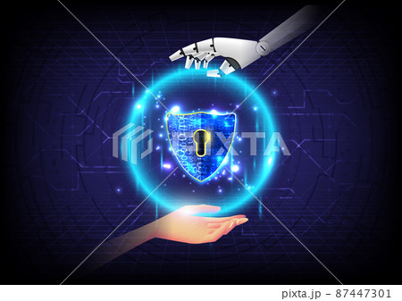 Artificial intelligence of security privacy safe. Hand of human and robot touch on glowing sphere of hexagon and shield. High computer of protection. Technology engineer of antivirus and criminal 87447301