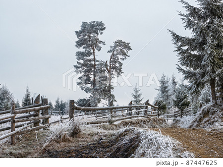 Winter coming. Last days of autumn, morning in mountain countryside peaceful picturesque hoarfrosted scene. Dirty road from hills to the village. Ukraine, Carpathian mountains. 87447625
