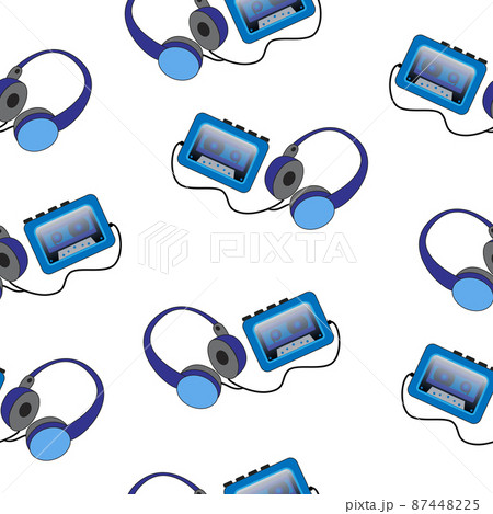 Portable cassette audio player and headphones on a white background. Portable cassette audio player and headphones on a white background. 87448225
