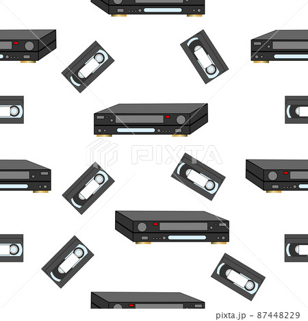 An analog VCR and videotape on a white background. An analog VCR and videotape on a white background. 87448229