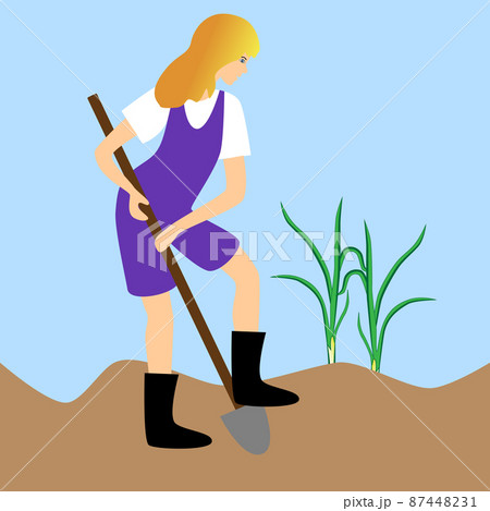Woman digging a bed in the garden plot. Woman digging a bed in the garden plot. 87448231