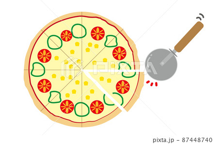 出来立てのマルゲリータピザをピザカッターでカットしている挿絵フードイラスト。宅配ピザ・テイクアウト 出来立てのマルゲリータピザをピザカッターでカットしている挿絵フードイラスト。宅配ピザ・テイクアウト 87448740