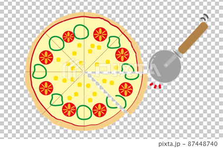 用比薩刀切割新鮮製作的瑪格麗塔比薩餅的插圖罩插圖。外賣披薩外賣 87448740