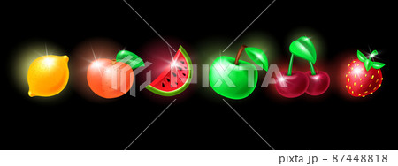 Casino slot fruit icon kit, glossy fresh apple, cherry, vector game gambling machine badge set.  87448818