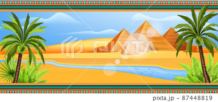 Egypt temple pyramid landscape, vector pharaoh background, Africa desert horizontal view, Nile river Egypt temple pyramid landscape, vector pharaoh background, Africa desert horizontal view, Nile river 87448819