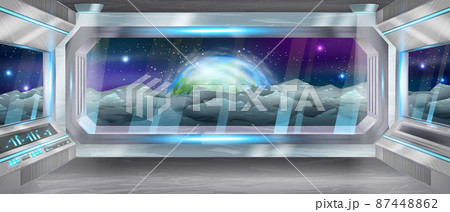 Spaceship window view, cosmic stones, stars, future spacecraft interior, vector Earth planet.  87448862