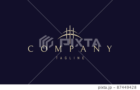 Vector golden logo on which an abstract image of three columns against the background of the horizons of two planets. 87449428