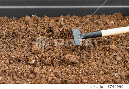 Planting seedlings at home. Tray with soil and rake for planting. Selective focus. Close view. Copy space. Planting seedlings at home. Tray with soil and rake for planting. Selective focus. Close view. Copy space. 87449904
