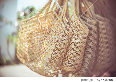 Store of Open Weave Straw Market Tote Beach Bag and packaging 87450706