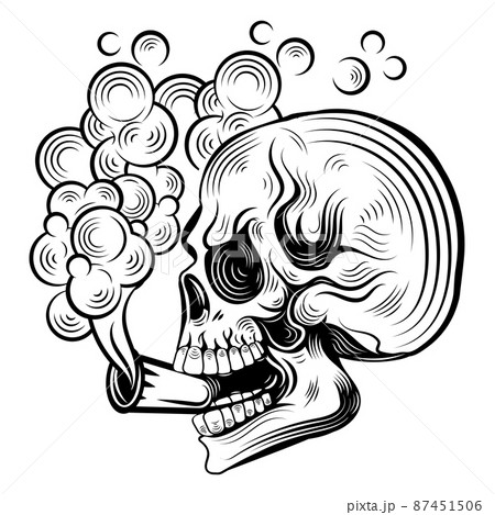 skull smoked cigarette Hand drawn illustrationのイラスト素材