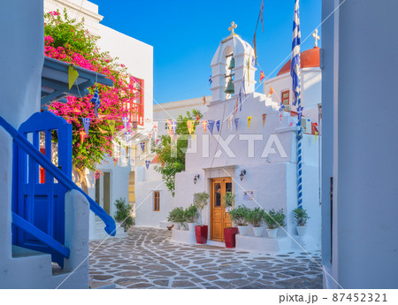 The island of Mykonos, Greece. Streets and traditional architecture.  87452321