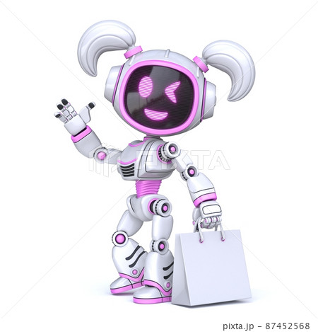 Cute pink girl robot whit blank shopping bag 3D Cute pink girl robot whit blank shopping bag 3D 87452568