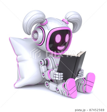 Cute pink robot girl enjoys read book 3D Cute pink robot girl enjoys read book 3D 87452569