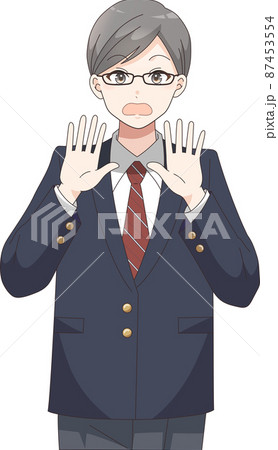 驚くポーズ　男子学生　ブレザー服チェック 87453554