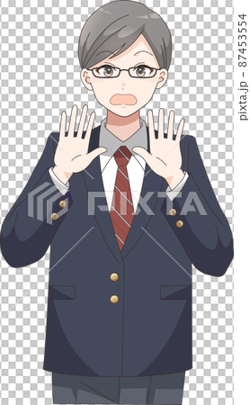 驚くポーズ　男子学生　ブレザー服チェック 87453554