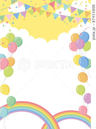 風船と虹のパーティー背景フレーム イエローのイラスト素材