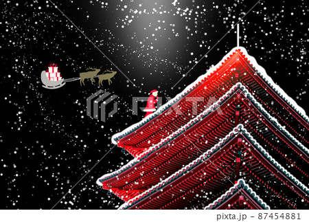 日本のクリスマス　和風のクリスマスカード　五重塔に登るサンタクロース 87454881