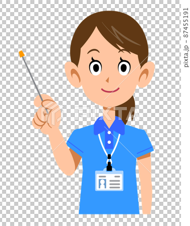 半袖のポロシャツ姿でネームタグを身に着けた女性スタッフの指し棒を持つ様子 87455191