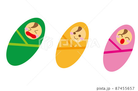 生まれたばかりの新生児の赤ちゃんのイラストセット。表情違いと色違い。 87455657