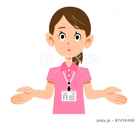 半袖のポロシャツ姿でネームタグを身に着けた女性スタッフの諦めの仕草 87456496
