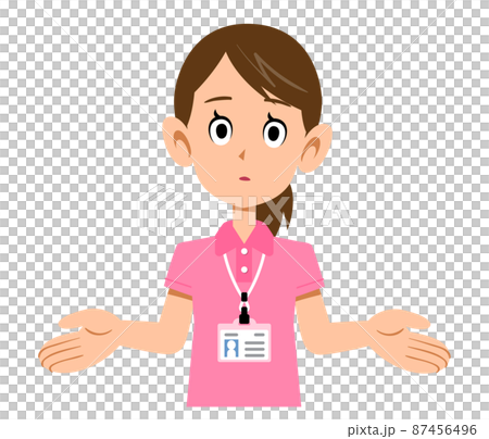 半袖のポロシャツ姿でネームタグを身に着けた女性スタッフの諦めの仕草 87456496