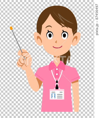 半袖のポロシャツ姿でネームタグを身に着けた女性スタッフの指し棒を持つ様子 87456497