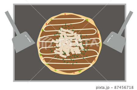 お好み焼き屋さんの鉄板焼きで熱々に焼かれたお好み焼きのイラスト。広島焼き。B級グルメ 87456718