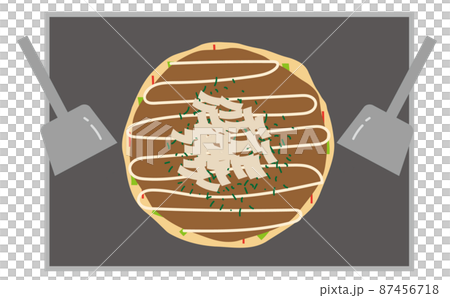 お好み焼き屋さんの鉄板焼きで熱々に焼かれたお好み焼きのイラスト。広島焼き。B級グルメ 87456718