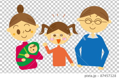 二人目の子供を出産して4人家族になった仲良し家族のイラスト。ファミリー・育児休暇 87457128