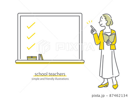 テキストを手に授業をする女性教師　シンプルでお洒落な線画イラスト 87462134