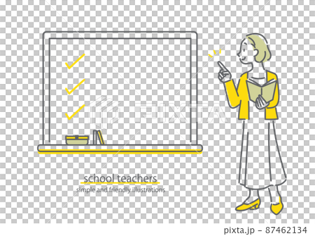 テキストを手に授業をする女性教師　シンプルでお洒落な線画イラスト 87462134