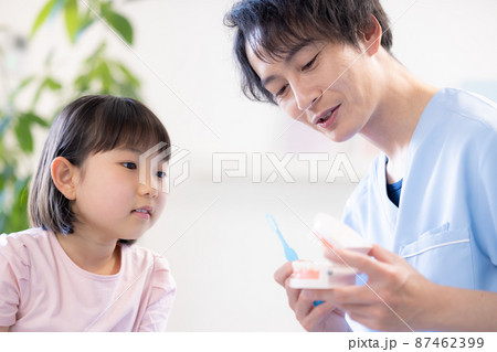 歯医者 歯磨き指導を受ける女の子と医師 歯医者 歯磨き指導を受ける女の子と医師 87462399