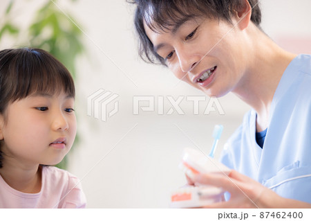 歯医者 歯磨き指導を受ける女の子と医師 歯医者 歯磨き指導を受ける女の子と医師 87462400