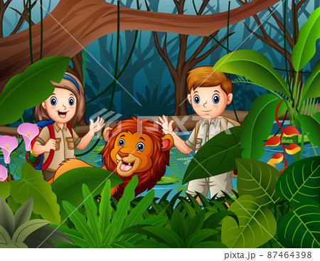Illustration of zookeeper boy and girl with a lion in the jungle 87464398