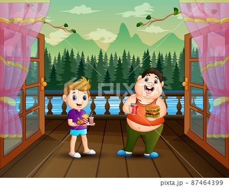 Cartoon two boys bringing food to eat together at home 87464399