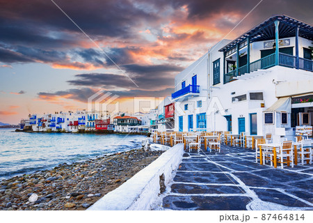 Mykonos, Greece - Sunrise on famous Greek Islands Mykonos, Greece - Sunrise on famous Greek Islands 87464814