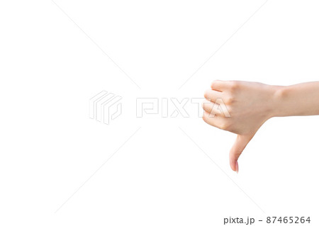 Dislike gesture. Negative feedback. Refusal sign. Bad choice. Female hand showing disapproval thumb down isolated on white empty space background. 87465264