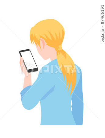 スマホを見る金髪女性のイラストのイラスト素材