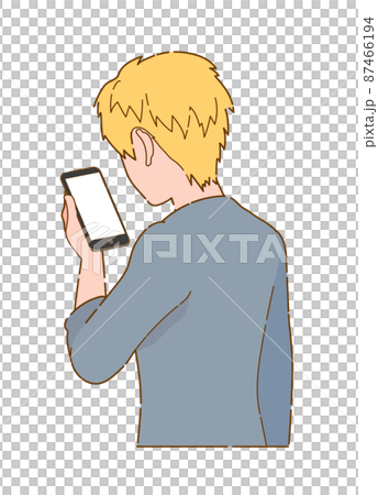 Illustration of a blonde man looking at a smartphone Illustration of a blonde man looking at a smartphone 87466194