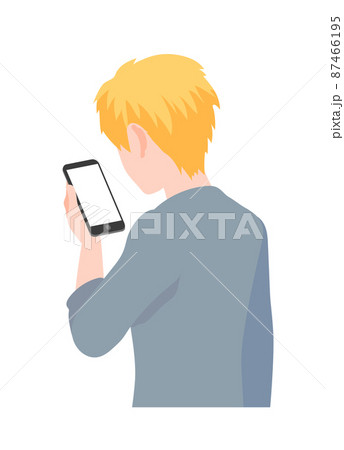 スマホを見る金髪男性のイラストのイラスト素材