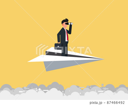 Businessman using binoculars on paper plane. Research and forecast concept Businessman using binoculars on paper plane. Research and forecast concept 87466492