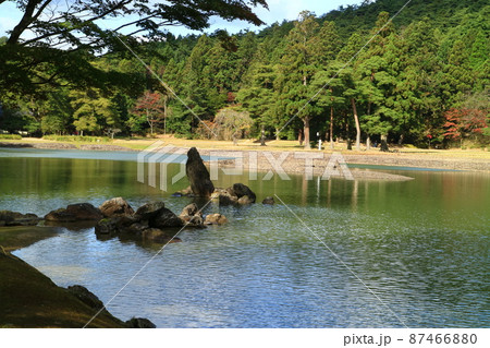 平泉の毛越寺の浄土庭園の池中立石 平泉の毛越寺の浄土庭園の池中立石 87466880