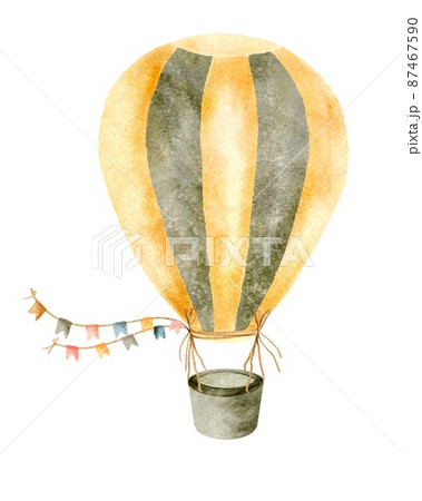 Striped cute hot air balloon yellow and green with flags hand drawn illustration isolated on white background 87467590