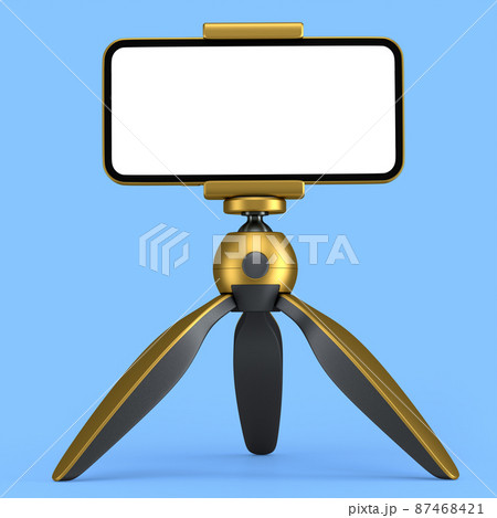 Realistic smartphone with blank white screen on gold tripod isolated on blue 87468421