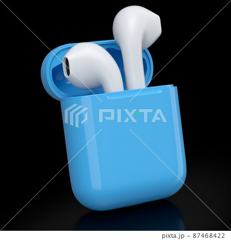 Wireless bluetooth headphones in blue case isolated on black background Wireless bluetooth headphones in blue case isolated on black background 87468422